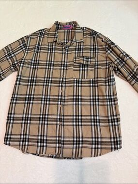 Edikted Tan Beige and Black Plaid Button-Down Shirt